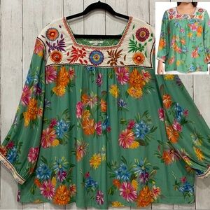 John Mark  3X Floral Print Peasant Boho Western Top Embroidered Square Neck NWT